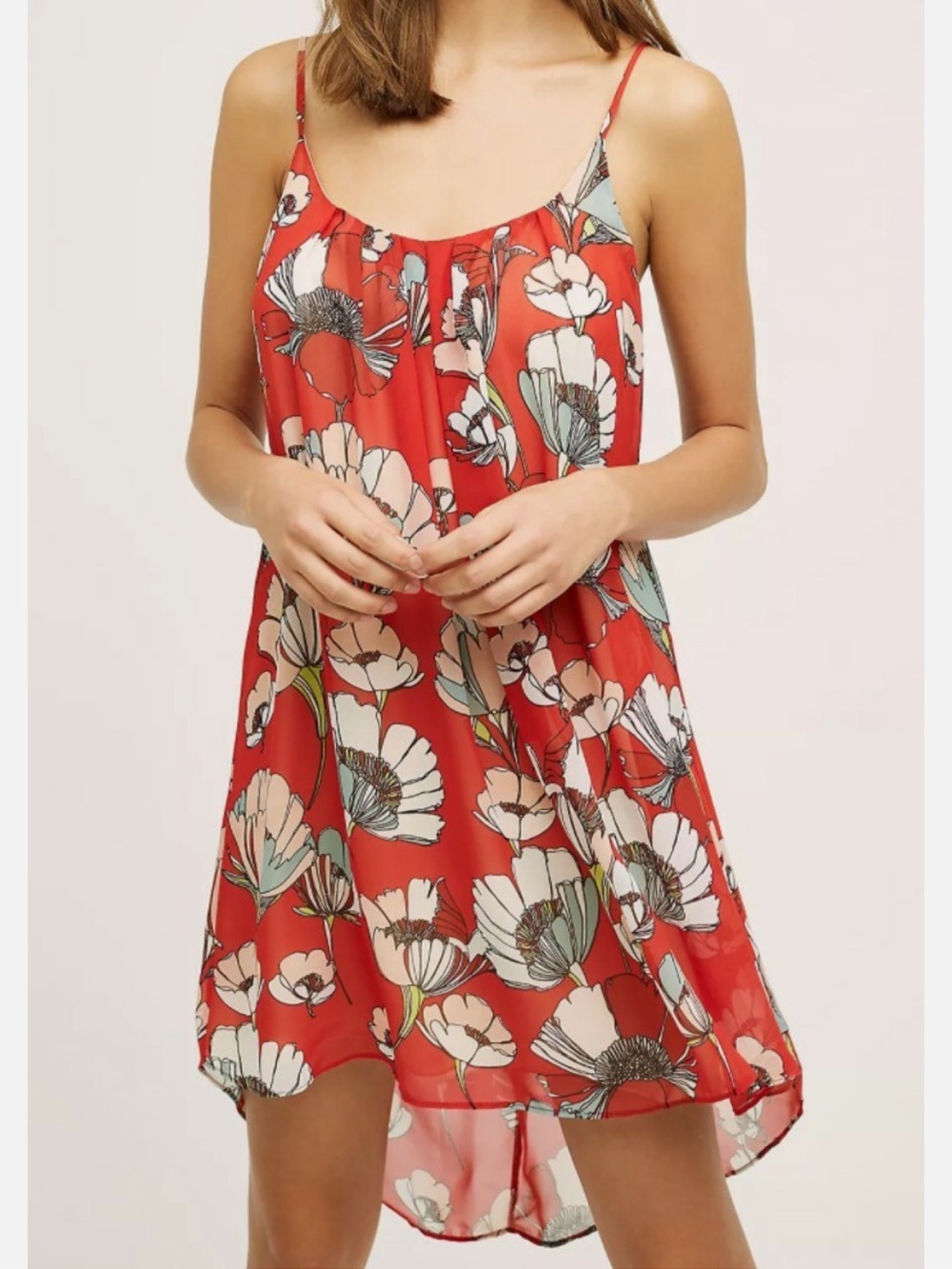 Anthropologie Red Floral Spaghetti Strap Dress with Cream Lining